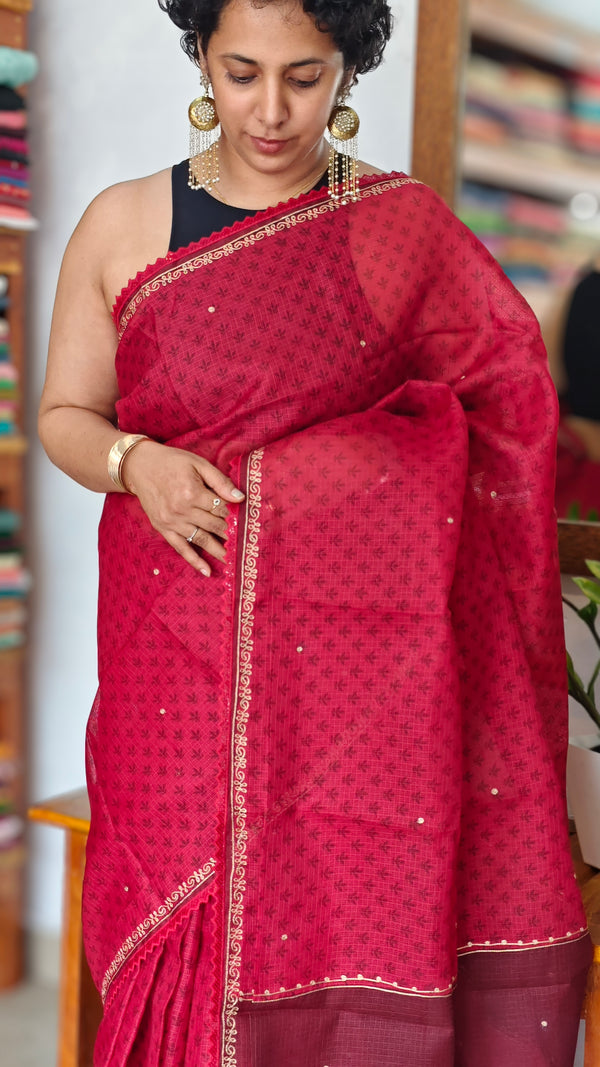 Blood Red Kota Saree with Pita Embroidery - EMR4 - 1