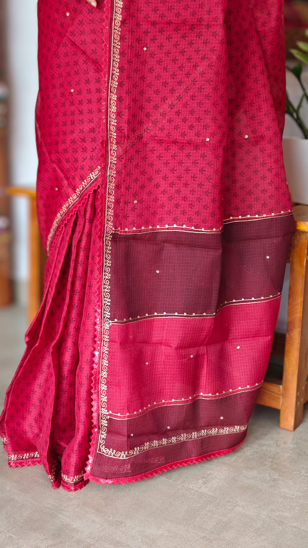 Blood Red Kota Saree with Pita Embroidery - EMR4 - 1