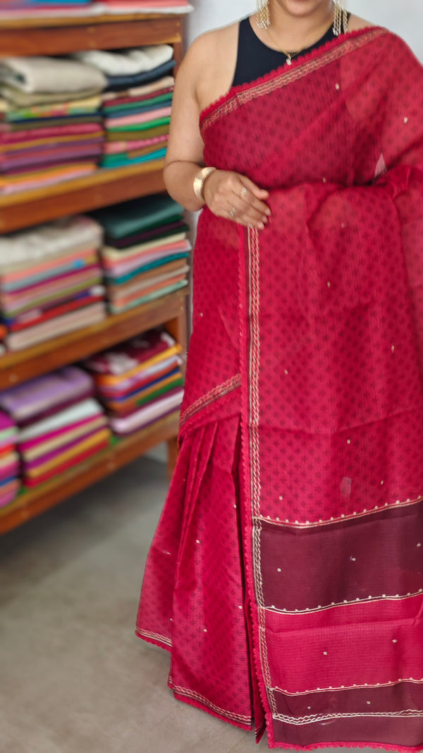 Blood Red Kota Saree with Pita Embroidery - EMR4 - 2