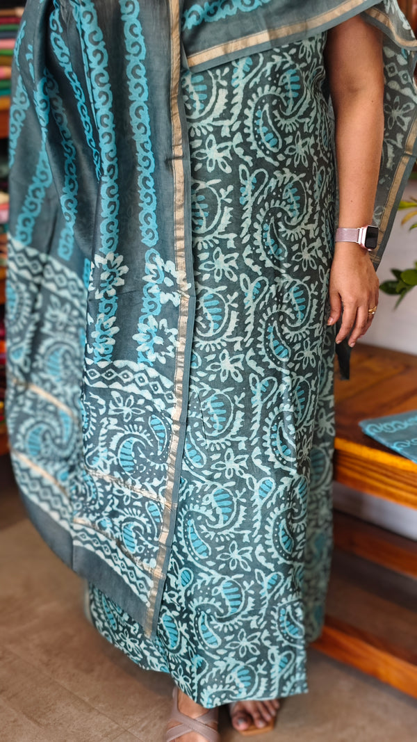 Teal and Grey Block Printed Chanderi Suit - MC059