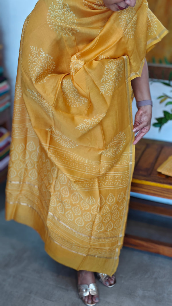 Mango Yellow Block Printed Chanderi silk Suit - MC059