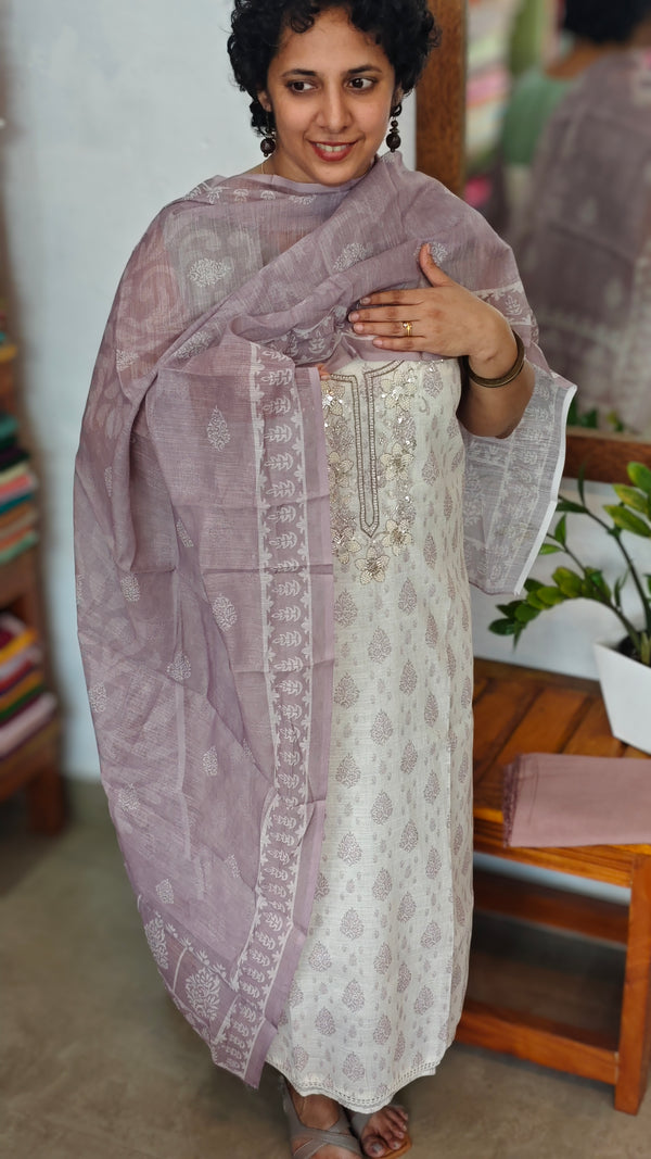 Cream and Mauve Printed Linen Suit - S864