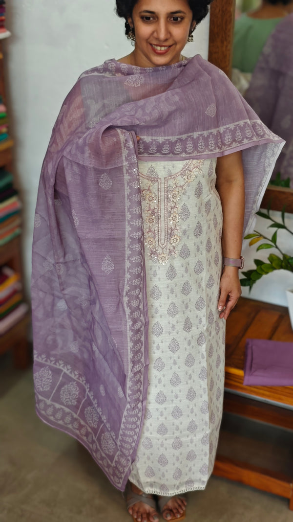 Cream and Lavender Printed Linen Suit - S864 - 1