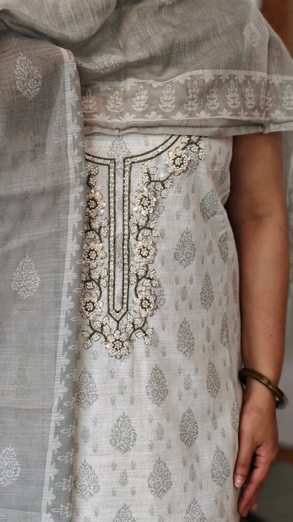 Cream and Sage Green Printed Linen Suit - S864 - 2