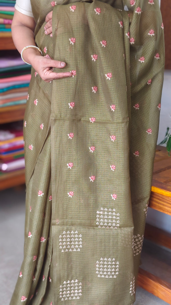 Olive Green Cross Stitch Embroidered Kota Saree - LWS3