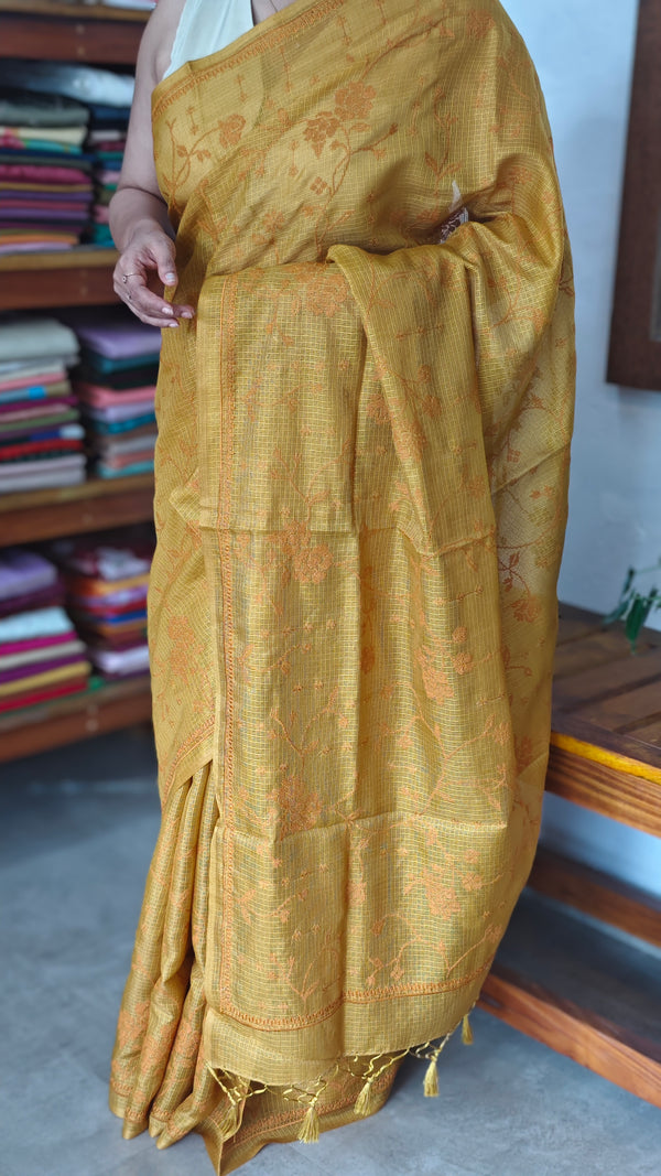 Mustard Yellow Kota Saree with Cross Stitch Embroidery - LWS3