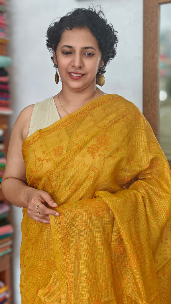 Mustard Yellow Kota Saree with Cross Stitch Embroidery - LWS3