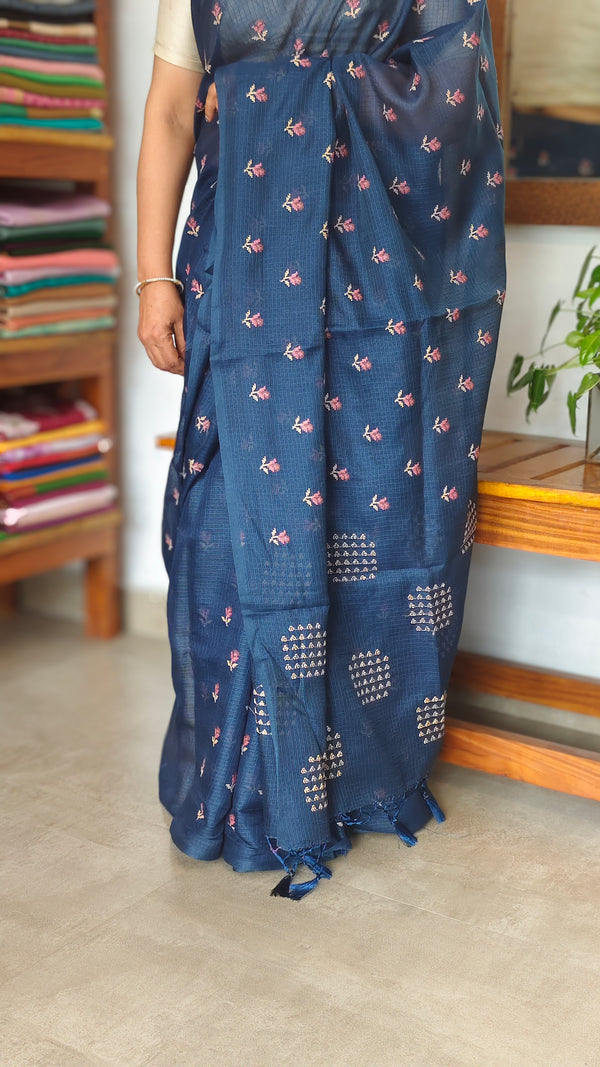 Navy Blue Cross Stitch Embroidered Kota Saree - LWS3