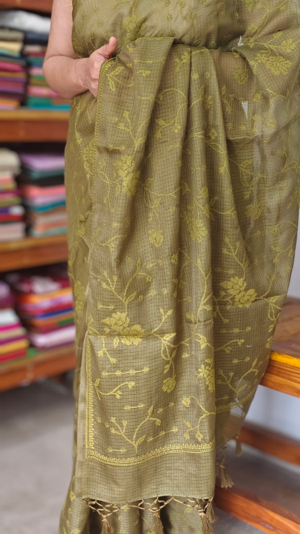 Olive Green Kota Saree with Cross Stitch Embroidery - LWS3