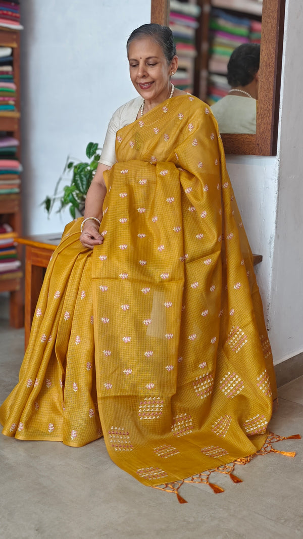 Mustard Yellow Cross Stitch Embroidered Kota saree - LWS3