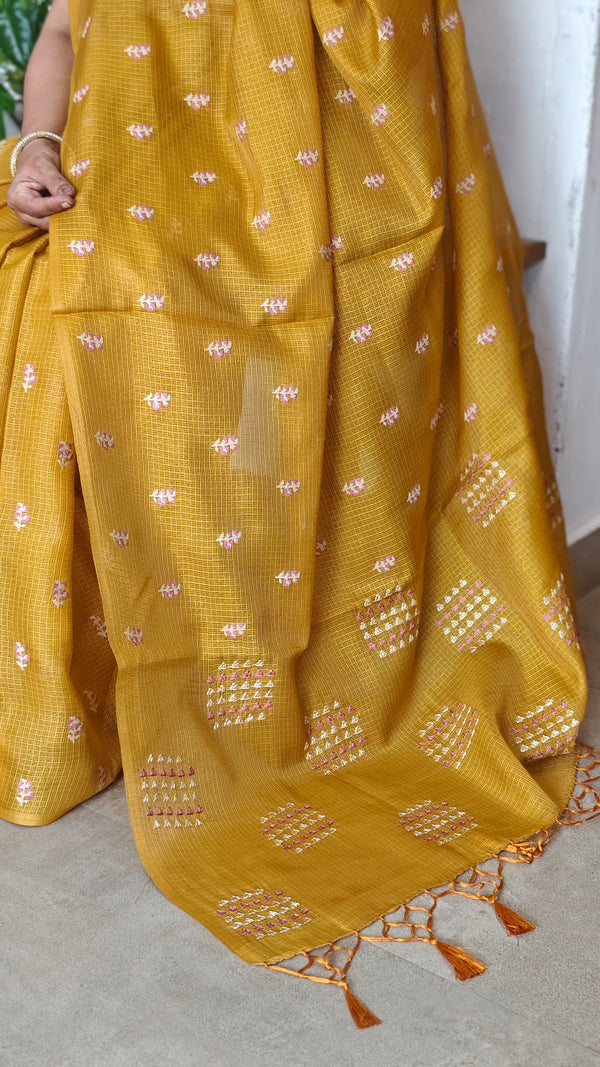 Mustard Yellow Cross Stitch Embroidered Kota saree - LWS3