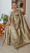 Olive Green Tussar Silk Saree with Cross Stitch Embroidery - ADZ67