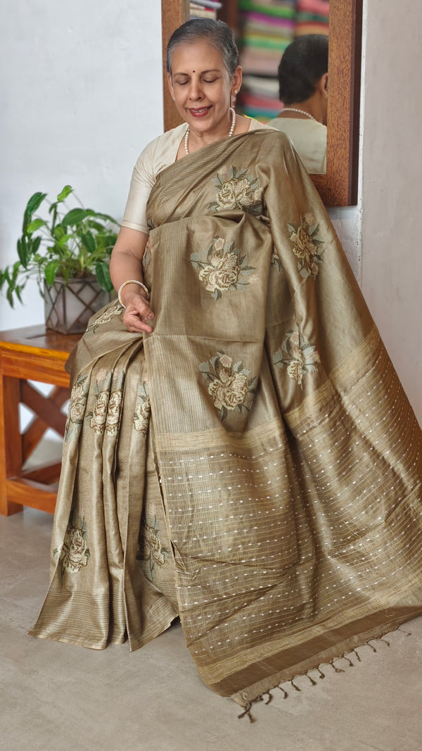 Olive Green Tussar Silk Saree with Cross Stitch Embroidery - ADZ67