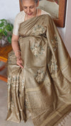 Olive Green Tussar Silk Saree with Cross Stitch Embroidery - ADZ67