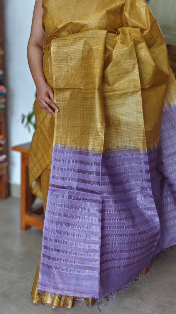 Mustard and Lavender Pure Tussar Silk Saree