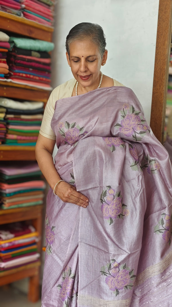 Lavender Tussar Silk Saree with Cross Stitch Embroidery - ADZ67