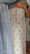 Cream and Bluish Grey Printed Linen Suit - S864 - 2