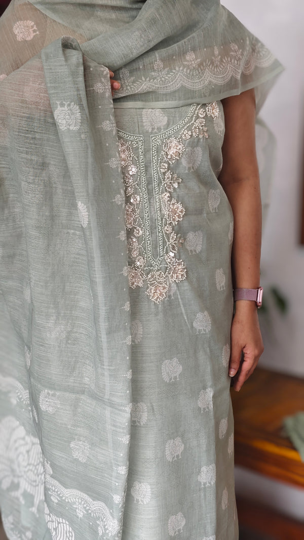 Sage Green Printed Linen Suit - S864