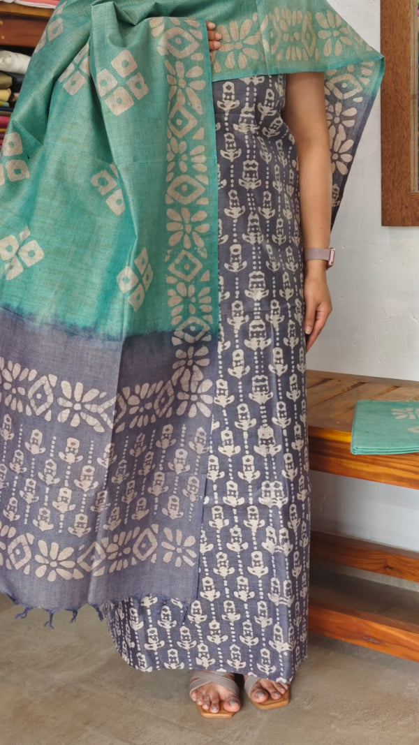 Grey and Teal Batik Printed Suit