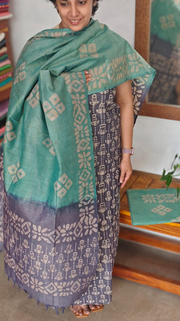 Grey and Teal Batik Printed Suit