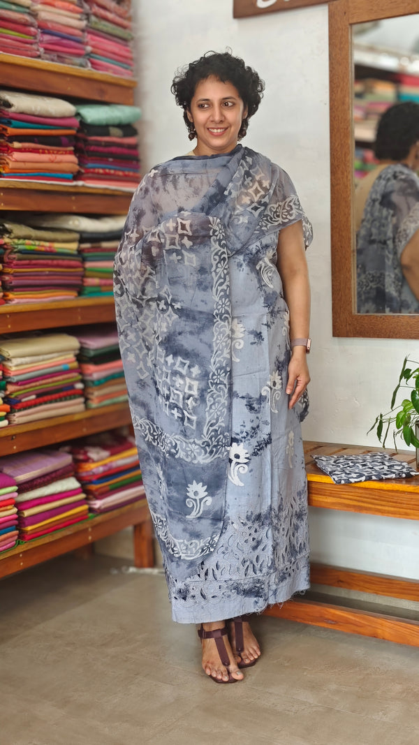 Shadow blue cotton Batik Printed Suit with Cutwork