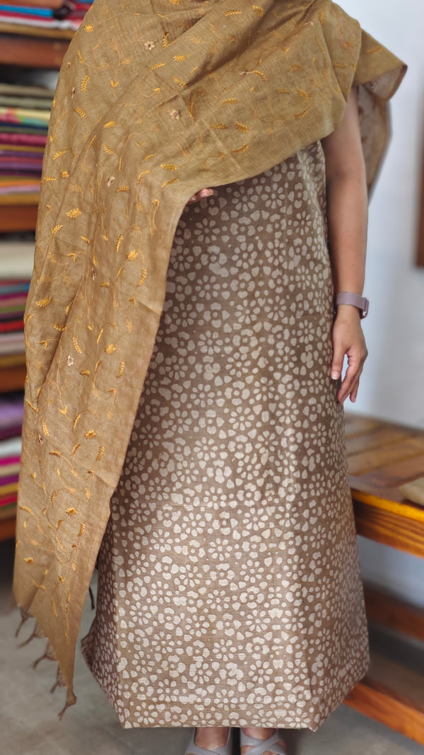 Brown Batik Suit with Embroidered Dupatta