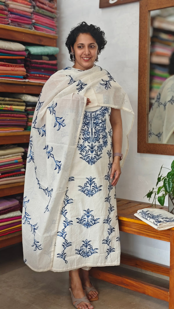 Off White and Blue Embroidered Cotton Suit