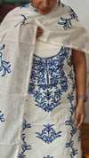 Off White and Blue Embroidered Cotton Suit