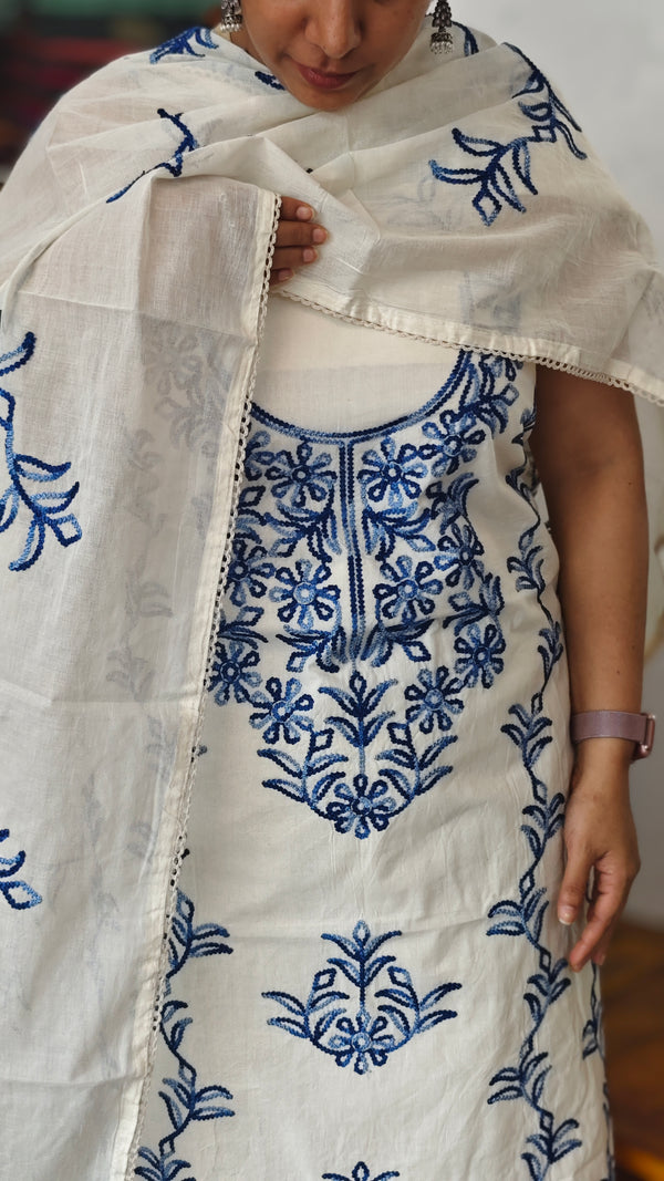 Off White and Blue Embroidered Cotton Suit