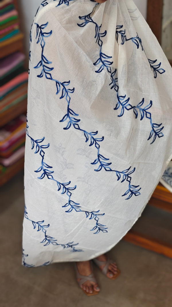 Off White and Blue Embroidered Cotton Suit