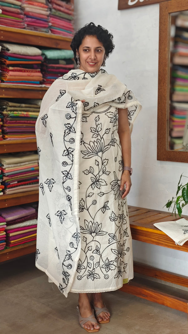 Off White and Black Embroidered Cotton Suit