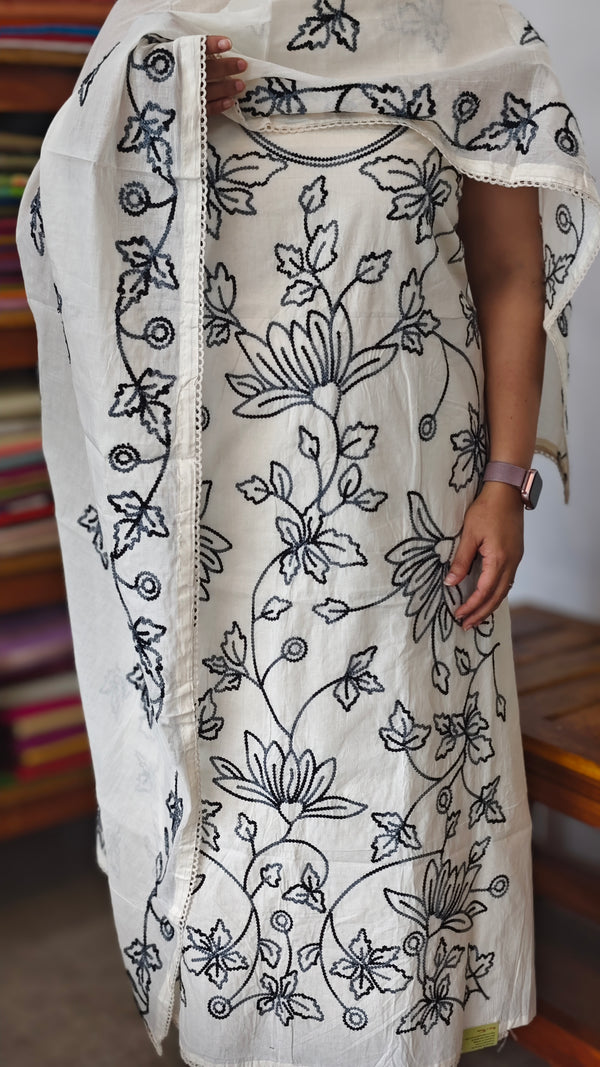 Off White and Black Embroidered Cotton Suit
