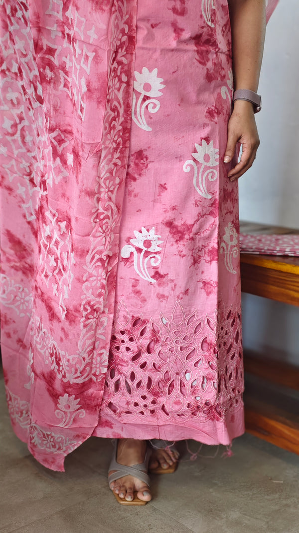Pink Cotton Batik Suit with Cutwork