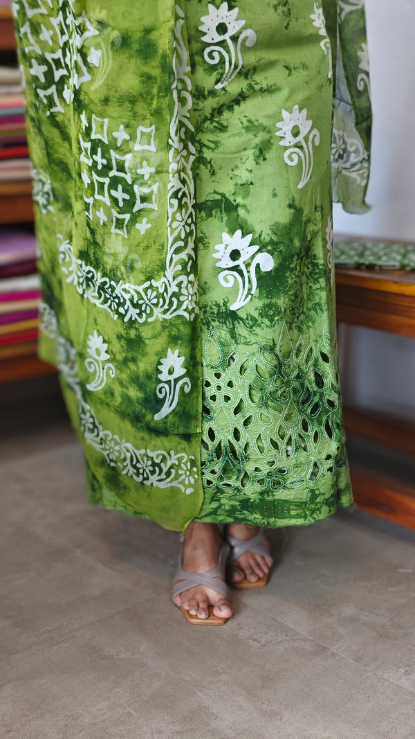 Green Cotton Batik Suit with Cutwork
