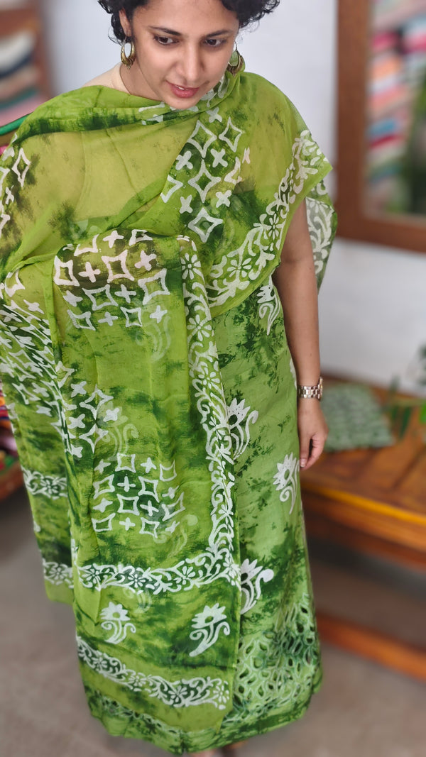 Green Cotton Batik Suit with Cutwork