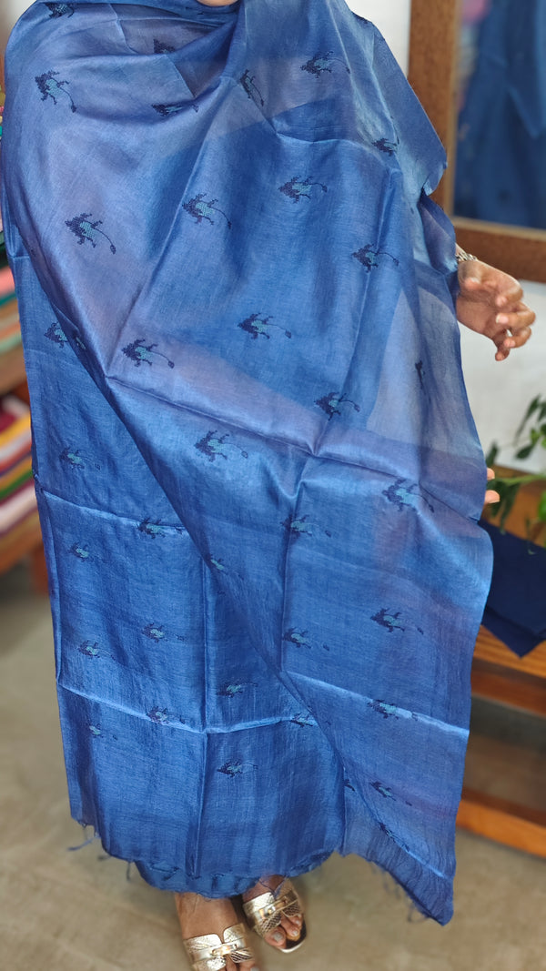 Azure Blue Embroidered Tussar Silk Suit