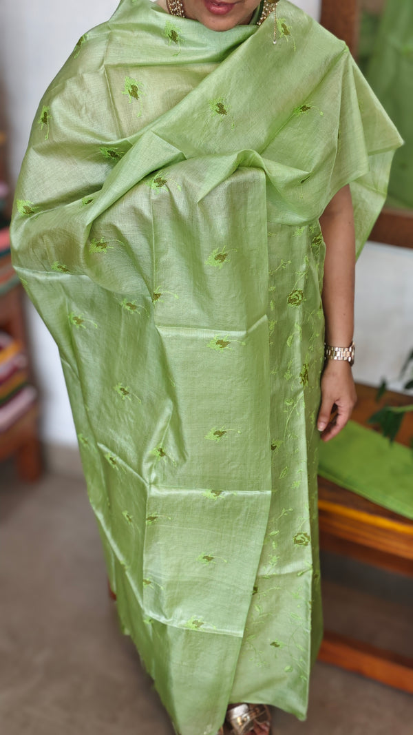 Limeric Green Embroidered Tussar Silk Suit