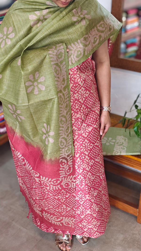 Pink and Green Batik Printed Slub Cotton Suit