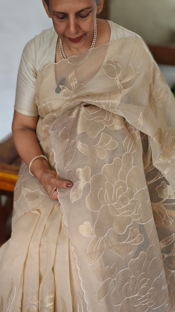 Light Beige Kota Saree with Applique Work - 2309