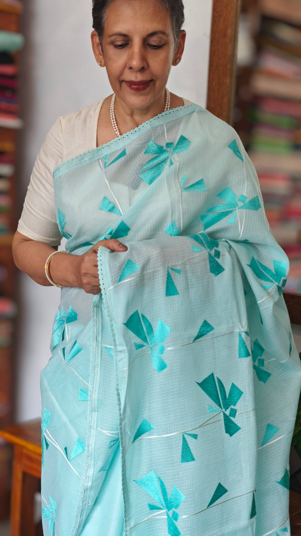 Cyan Blue Silky Kota Embroidered Saree - 8023