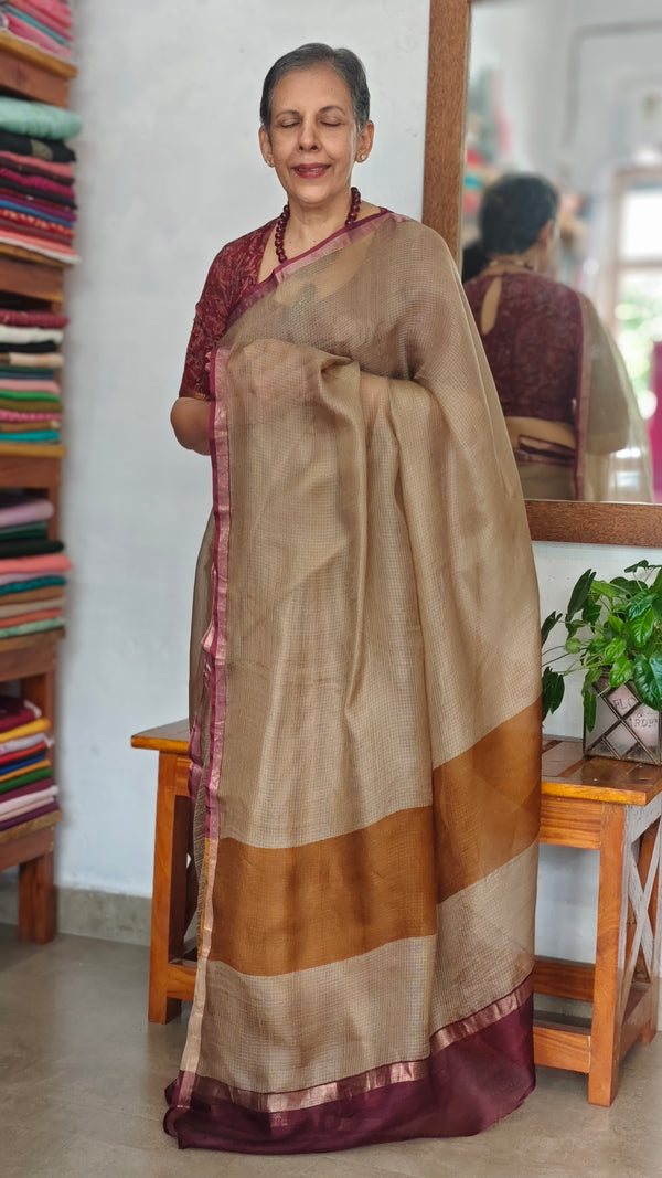 Beige and Wine Kota Silk Saree - KTS3