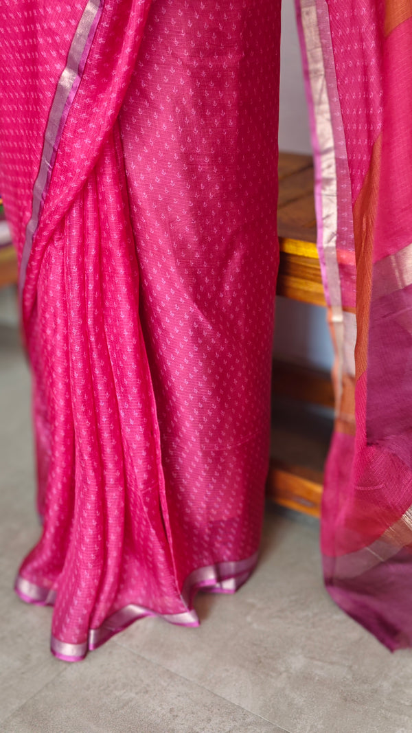 Hot Pink Printed Kota silk Saree - KTS3