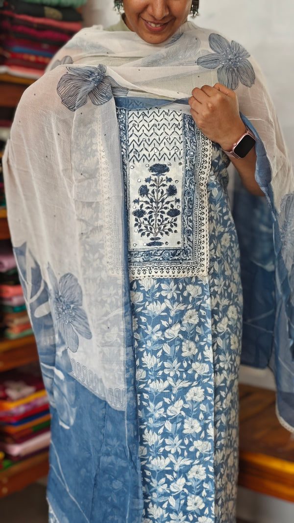 Blue Printed Cotton Suit with Chiffon Dupatta - 833F
