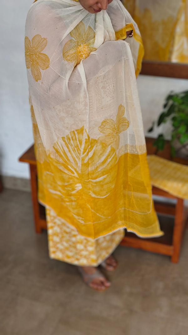Yellow Printed Cotton Suit with Chiffon Dupatta - 833F