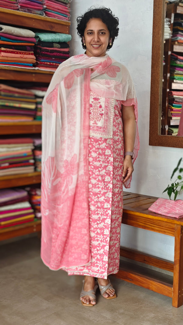 Pink Printed Cotton Suit with Chiffon Dupatta - 833F