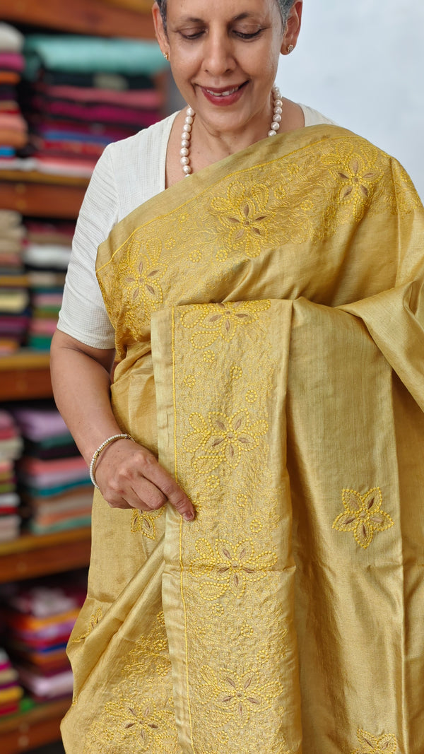 Mustard shade Pure Tussar Silk Embroidered Saree - XLN4