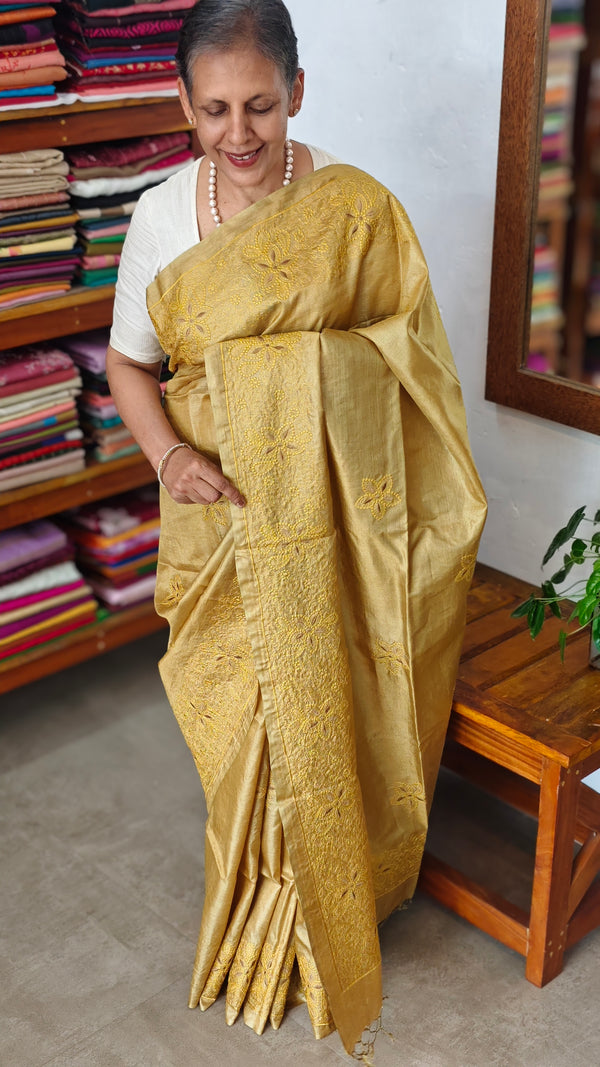 Mustard shade Pure Tussar Silk Embroidered Saree - XLN4