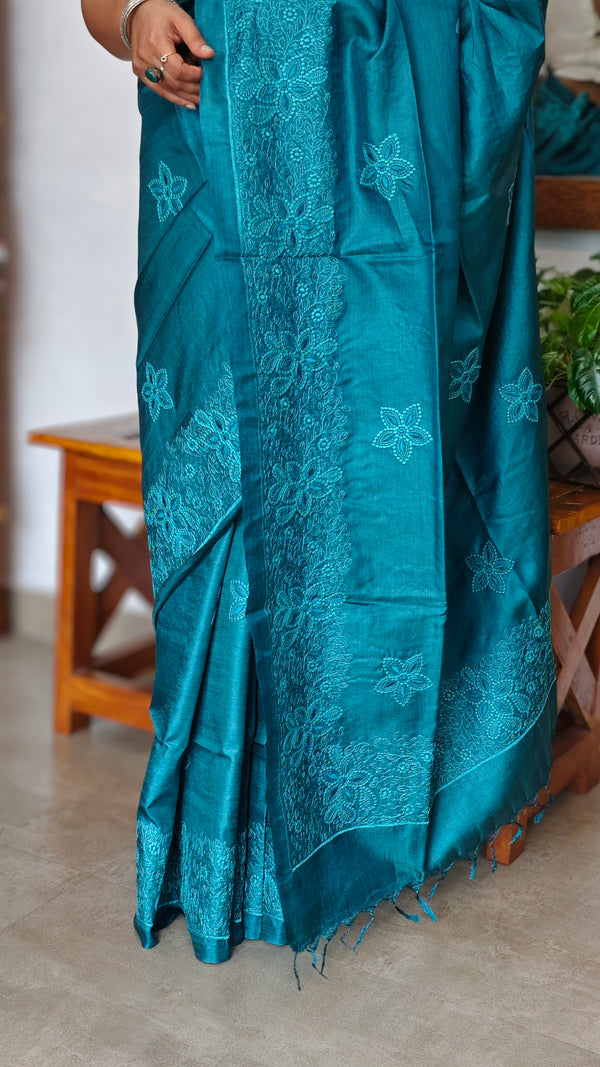 Peacock Blue Pure Tussar Silk Embroidered Saree - XLN4