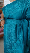 Peacock Blue Pure Tussar Silk Embroidered Saree - XLN4