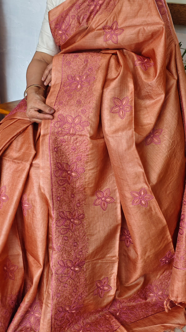 Rust Shade Pure Tussar Silk Embroidered Saree - XLN4